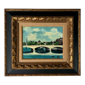 Vintage Marx Parisian River Landscape Scene Oil Painting, Framed