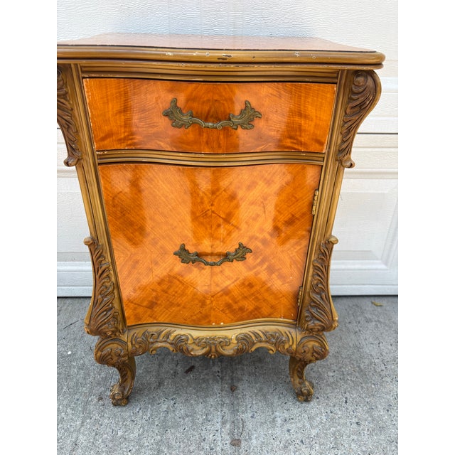 Vintage French Provincial Revival Parquetry Bedside Cabinet Nightstand Chest With Carved Details For Sale - Image 10 of 12