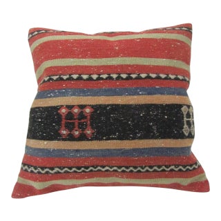 Handwoven Striped Embroidered Turkish Kilim Pillow Cover For Sale