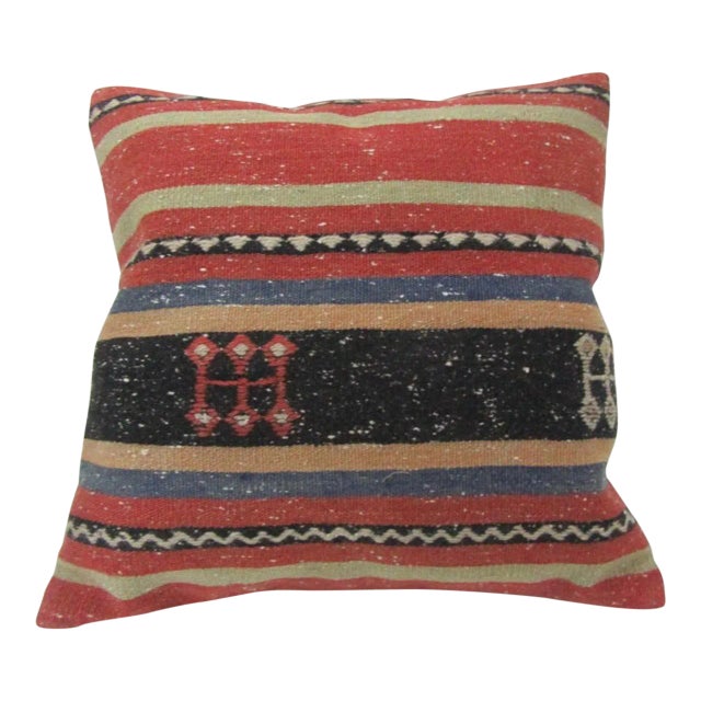 Handwoven Striped Embroidered Turkish Kilim Pillow Cover For Sale