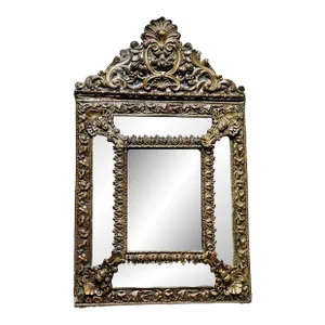Antique 19th Century Dutch Brass Repousse Cushion Mirror, Circa 1880s