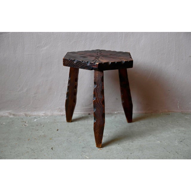 Folk-Style Carved Pine Tripod Stool, 1960s | Chairish