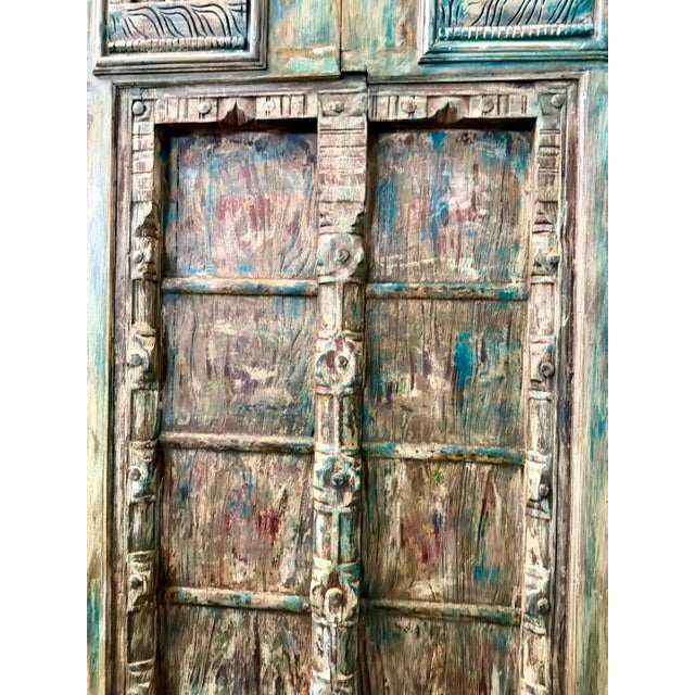 Antique Indian Carved Door Distressed Blue-Green Patina Statement Door 84x40 For Sale - Image 4 of 7