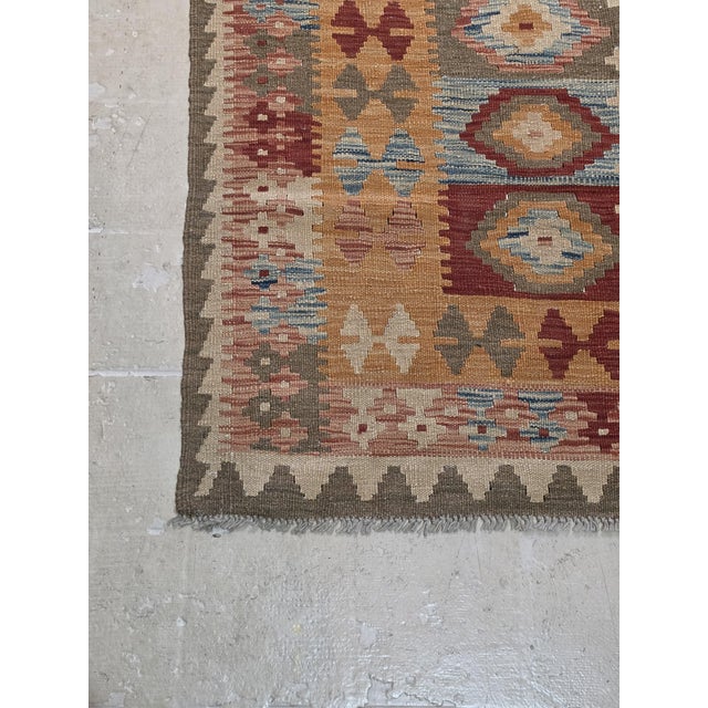 Vintage 1970s Afghan Maimana Kilim Rug – Rust, Mustard Gold, Burgundy & Dusty Blue – 4’ X 6’ For Sale In Los Angeles - Image 6 of 6