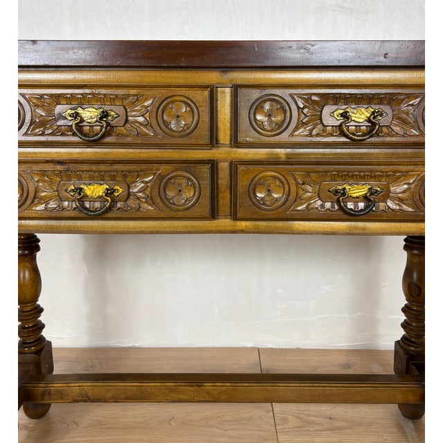 Wood Spanish Renaissance Revival Walnut Console Table with Four Carved Drawers, 1930s For Sale - Image 7 of 11