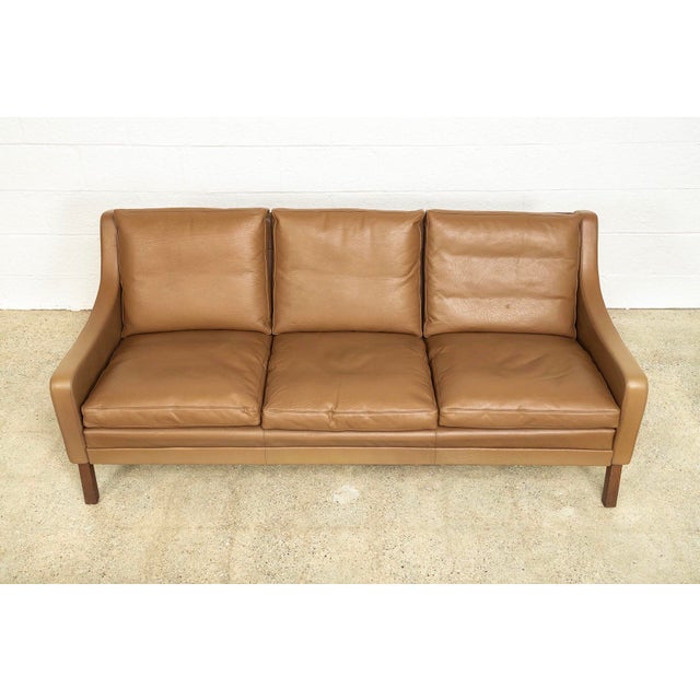 Vintage Mid Century Danish Modern Brown Leather ThreeSeat Sofa Chairish