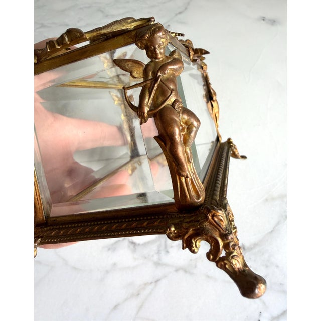 Transparent Vintage or Antique French or French Style Jewelry Casket Box With Brass/Bronze Cherub Mount 5.5"x 3.75"x3 5/8" For Sale - Image 8 of 14