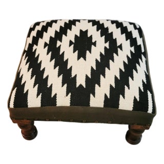 Southwest Kilim Style Footstool With Wooden Legs, Nailhead Trim For Sale