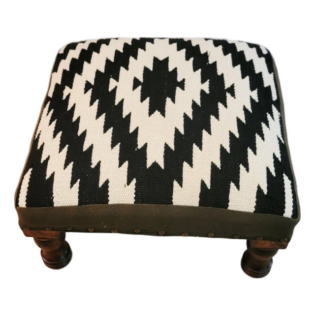 Southwest Kilim Style Footstool With Wooden Legs, Nailhead Trim For Sale