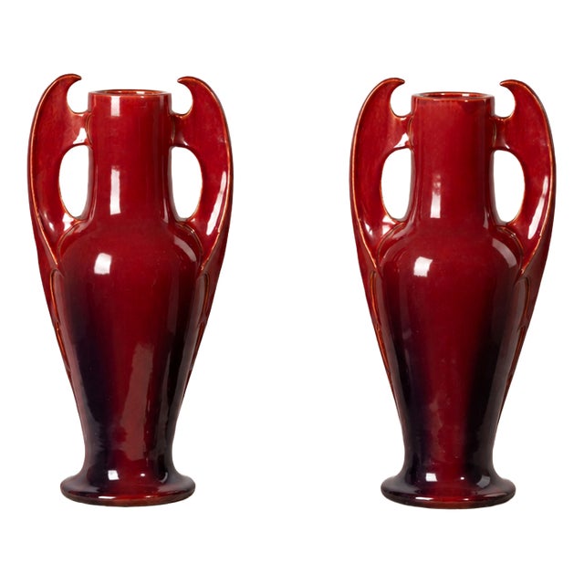 Art Nouveau Oxblood Enameled Ceramic Vases, France, 1900, Set of 2 For Sale