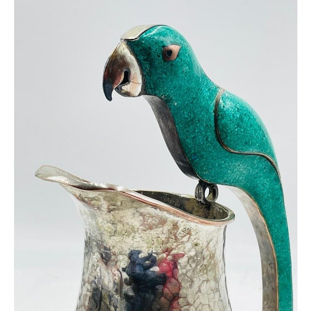1960s Alfredo Villasana Taxco Turquoise Parrot Silver Plate Pitcher, Mexican Silver For Sale - Image 10 of 16