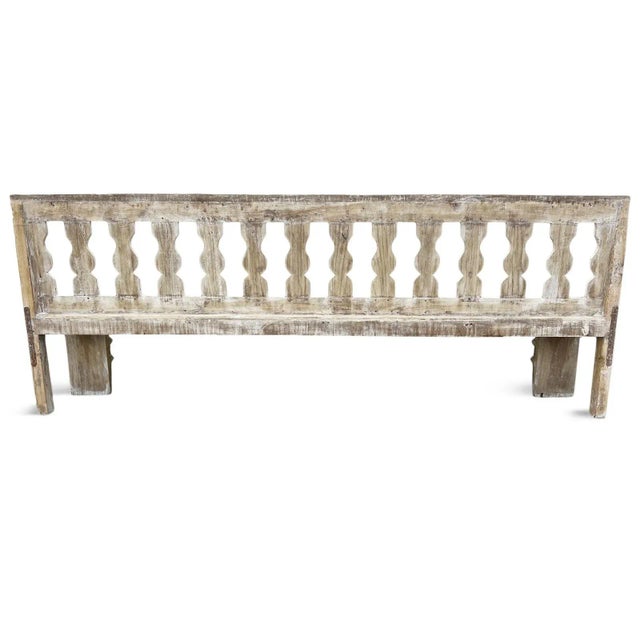 Vintage Long Banister Indian Farmhouse White Wash Bench For Sale - Image 4 of 10