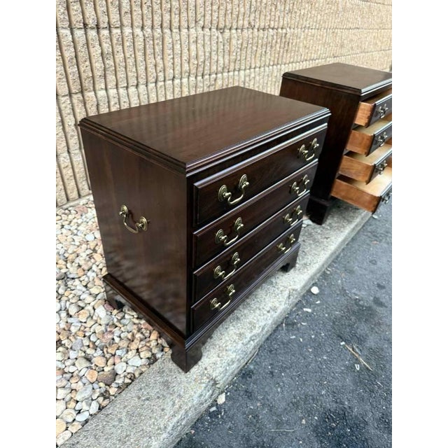 Pair of Ethan Allen Georgian Four-Drawer Bedside Chests/ Nightstands Solid wood frame, brass hardware Dovetail joint...