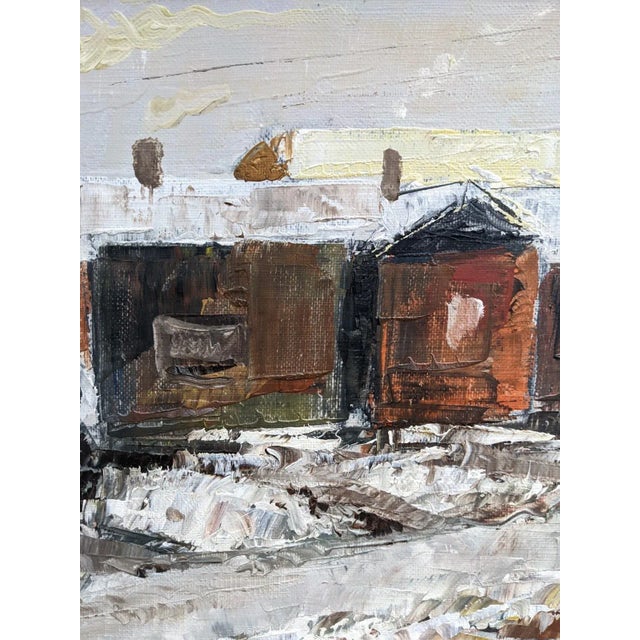 1950s Mid-Century Modern Swedish "Chimneys" Vintage Winter Street Scene Oil Painting, Framed For Sale - Image 5 of 8