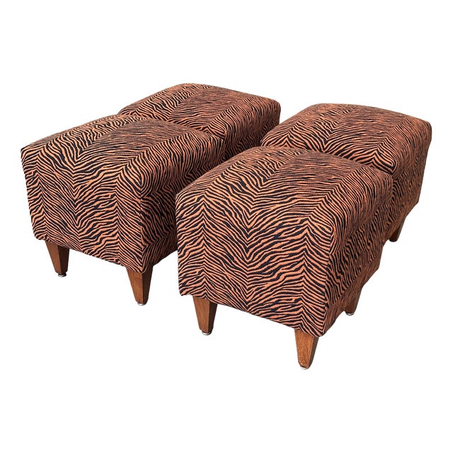Art Deco Ottomans in Animal Print Fabric, 1940s, Set of 4 For Sale