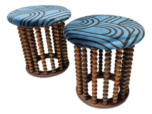 Arthur Umanoff Style Beaded Wood Stools With New Upholstery