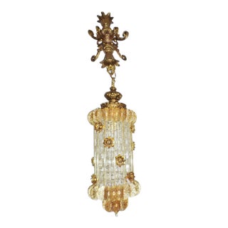 Vintage Glam Hollywood Regency Brass & Glass Filigree Hanging Swag Lamp /Chandelier For Sale