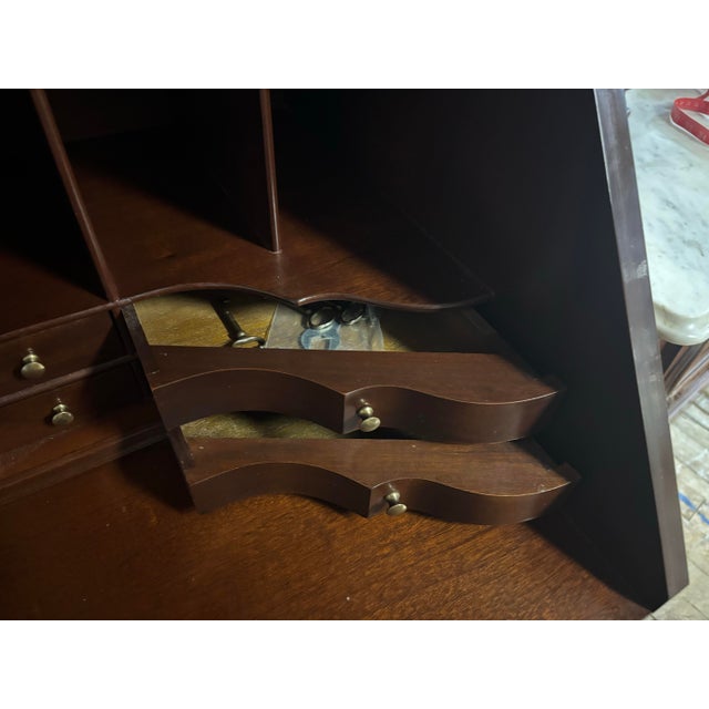 Coffee American Mahogany Secretary Desk Bookcase, Drop-Front Writing Desk With Hidden Compartments & Key For Sale - Image 8 of 11