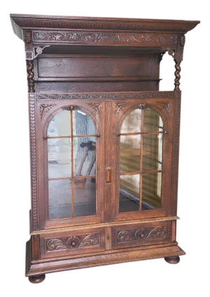 Antique Carved German Renaissance Revival Oak Bookcase Display Cabinet, 1880
