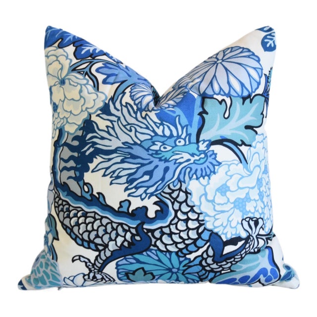 Chinoiserie Blue & White Dragon & Floral Feather/Down Pillow 18” Square For Sale - Image 4 of 5