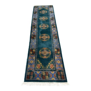 2ft 6in × 9ft 10 in Tibetan Teal Runner Rug For Sale
