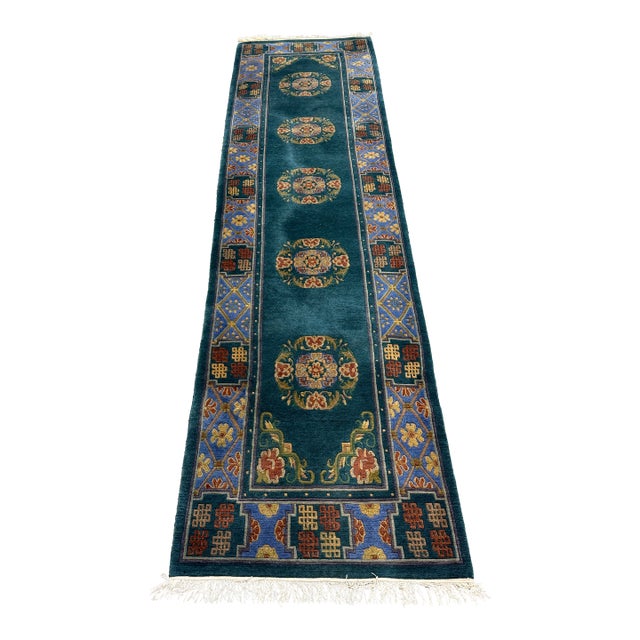2ft 6in × 9ft 10 in Tibetan Teal Runner Rug For Sale