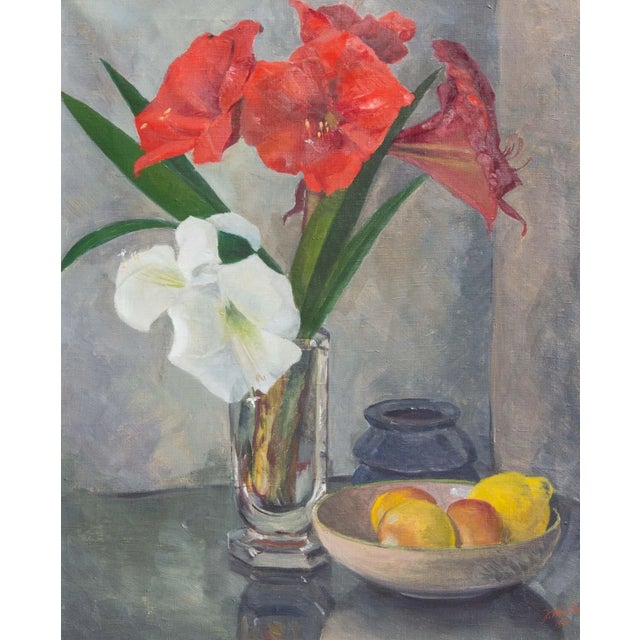 Vintage mid century floral still life. Beautiful colors. Oil on canvas. Signed Nessler. Dated 1951