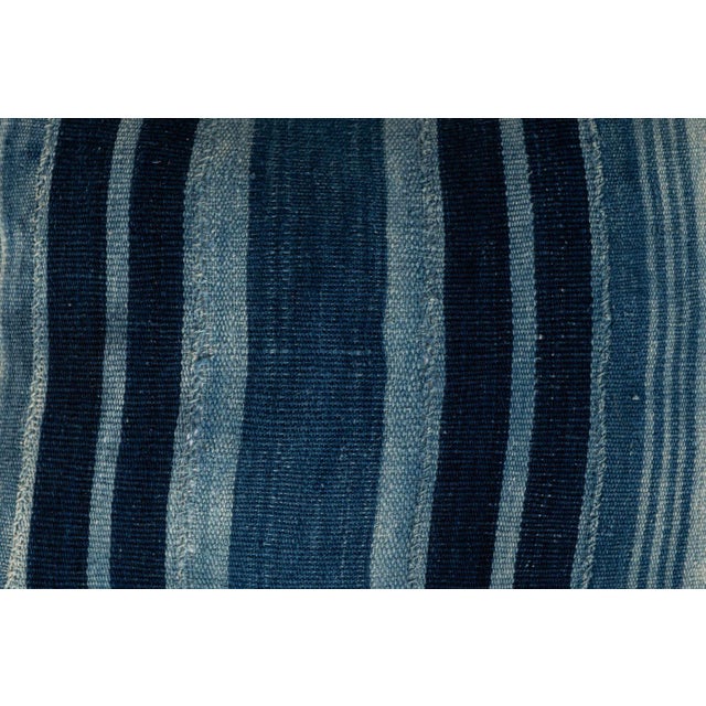 Textile Long Rich Faded Indigo Stripe Lumbar Cushion For Sale - Image 7 of 9