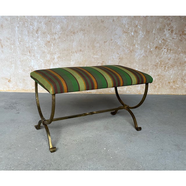 Hand-Forged Spanish Style Gilt Iron Bench With Striped Cotton Linen Seat For Sale - Image 4 of 14