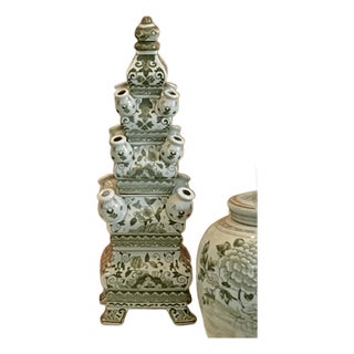 Green & White Porcelain Two-Tier Tulipiere Vase – Hand-Painted Famille Verte Bok Choy Chinoiserie (18") For Sale