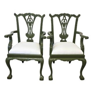 1990s Pair of Vintage Green Lacquered Chippendale Hand Carved Host Dining Chairs For Sale