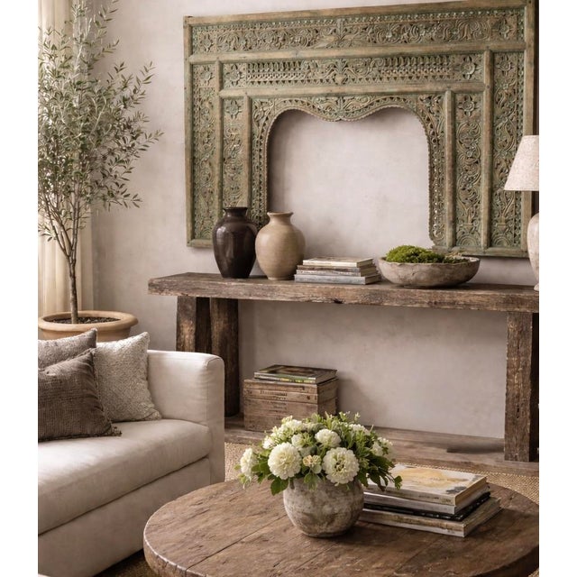 Indian Architectural Hand-Carved Indian Arch Panel With Green Patina – Monumental 7 Ft Wall Panel For Sale - Image 3 of 15