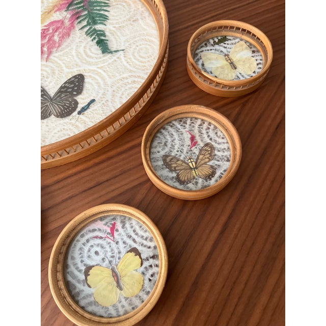 1960s Mid-Century Modern Bamboo Pressed Butterfly Cocktail Tray and Coaster Set - 7 Pieces For Sale - Image 9 of 9