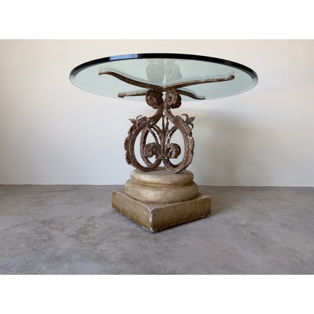 Contemporary Vintage Wrought Iron & Concrete Pedestal Outdoor Dining Table With Glass Top For Sale - Image 3 of 12