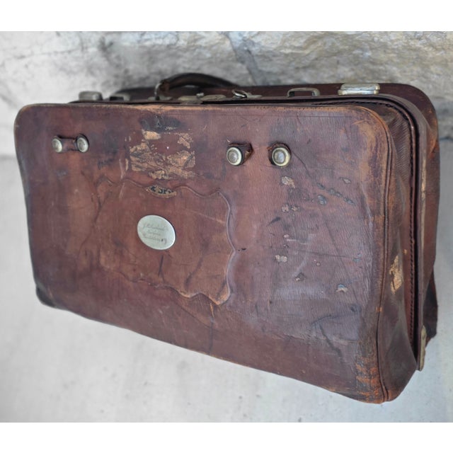 Traditional Antique Leather Suitcase Shop Prop For Sale - Image 3 of 11