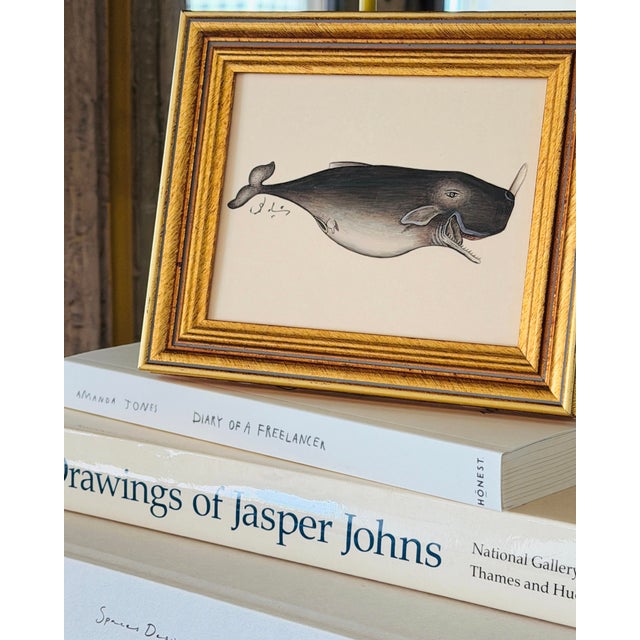 Nautical Original Hand-Painted Whale Painting in a Vintage Frame For Sale - Image 3 of 3