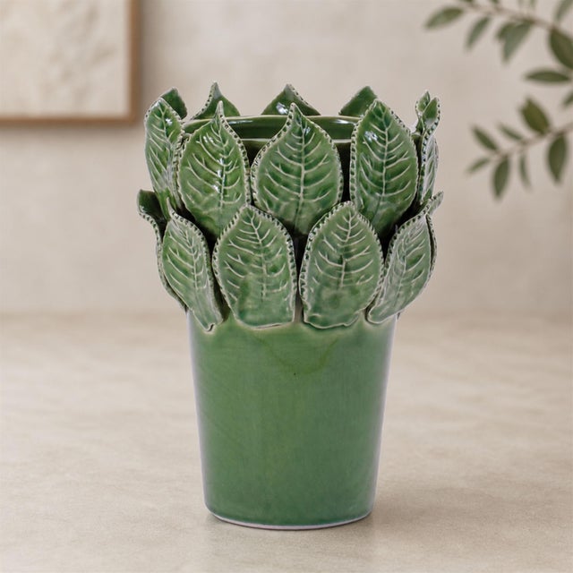 Kenneth Ludwig Chicago Stoneware Vase with Leaves Accent 7.5"H For Sale - Image 4 of 4