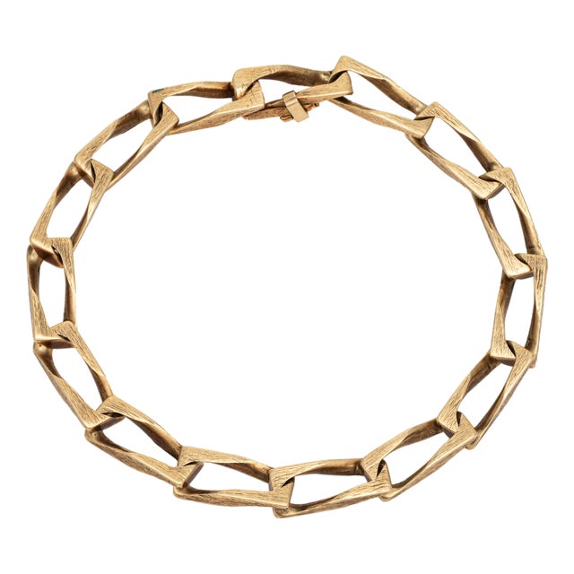 1970s Square Curb Link Bracelet 8.5" 14k Yellow Gold Textured Estate Fine Jewelry For Sale