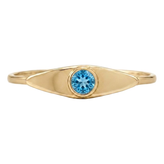 Swiss Blue Topaz Eye Signet Ring | 18k Yellow Gold Plated Band | Coastal Minimalist Gemstone Ring Us 7 For Sale