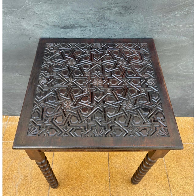 Spanish Barley Twist Side Table with Geometric Carved Top, 1930s For Sale - Image 6 of 10