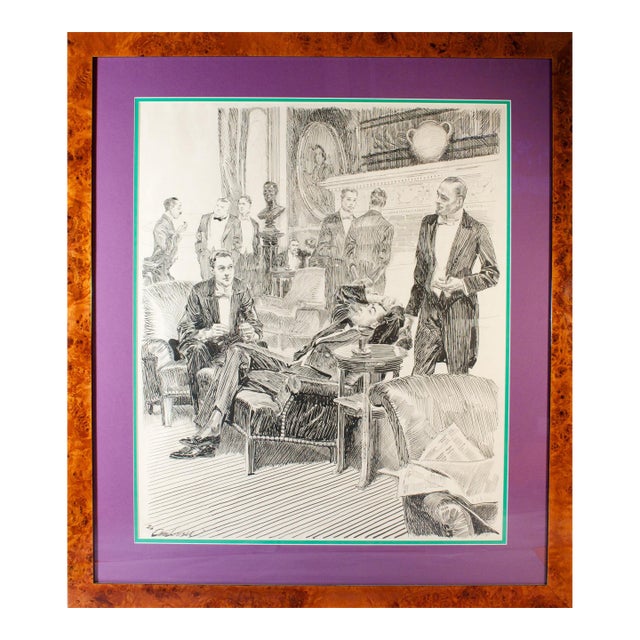 Gentlemen's Players' Club Pen & Ink Drawing by Orson B. Lowell For Sale