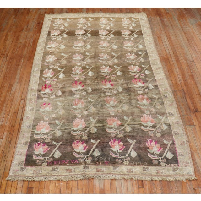 Brown Stunning Floral Soft Brown Gallery Size Turkish Rug, Dated 1969 For Sale - Image 8 of 18