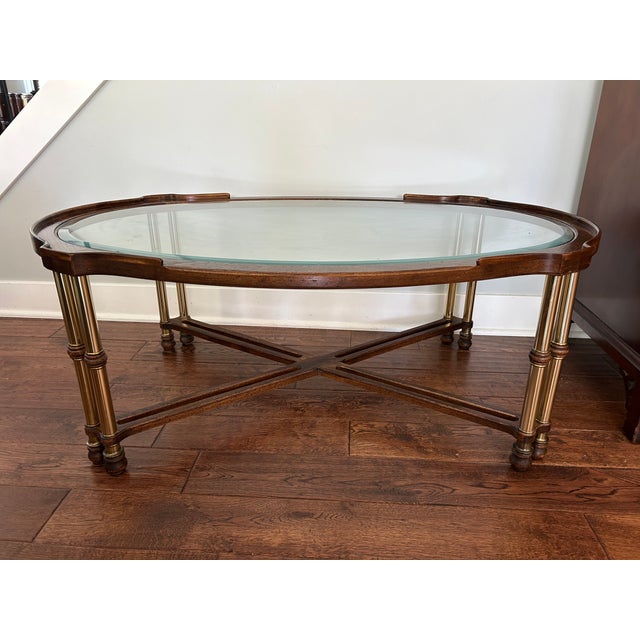Mid-Century Modern Vintage Faux Bamboo Style Burl Wood, Brass & Glass Coffee Table For Sale - Image 3 of 14