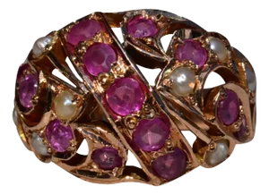 The Kestrel: Ladies Vintage 14K Rose Gold Bombe Ring set with Rubies and Pearls
