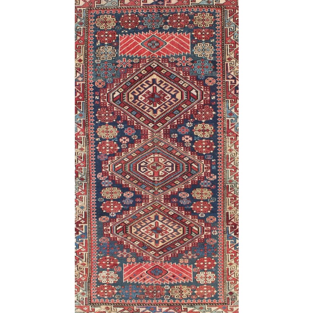 Antique Kazak Tri- Medallion Rug With Multi Coors and Indigo Background For Sale - Image 4 of 8