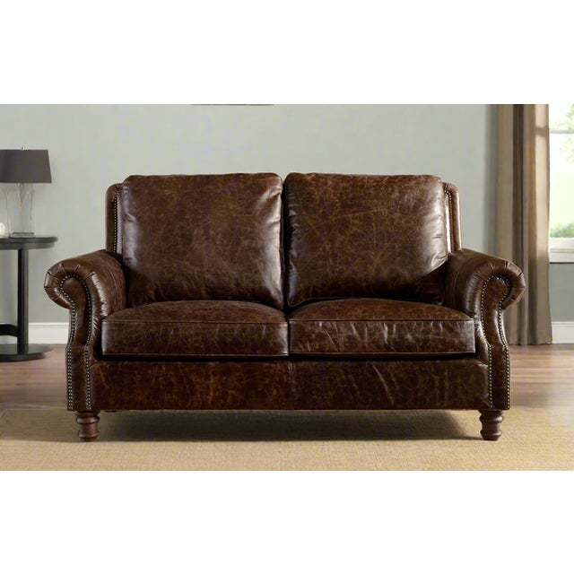 2020s English Rolled Arm Love Seat - Dark Brown Leather For Sale - Image 5 of 9