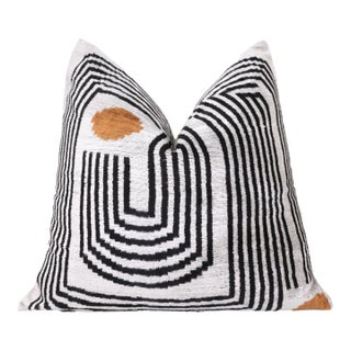 Modern Geometric Silk Velvet Pillow 20x20 | Handmade Black & Ivory Designer Cushion For Sale
