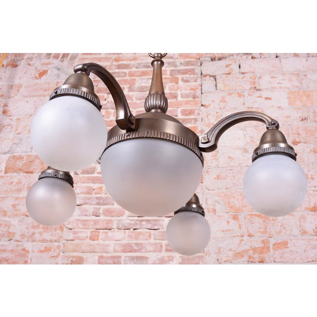 Art Deco Salon Chandelier in Brass and Milk Glass, 1920s For Sale - Image 3 of 13
