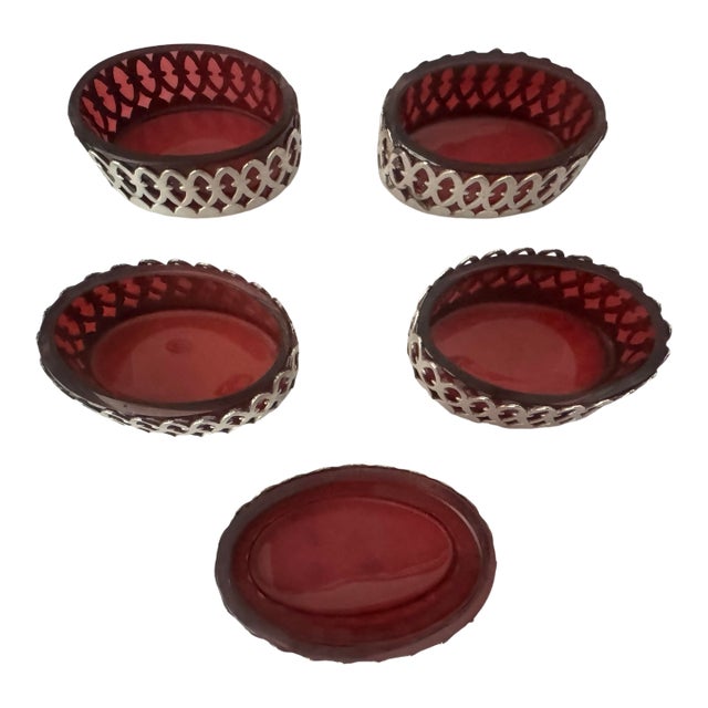 Set of Five Antique Salts in Cranberry Glass Encased in Sterling Silver For Sale