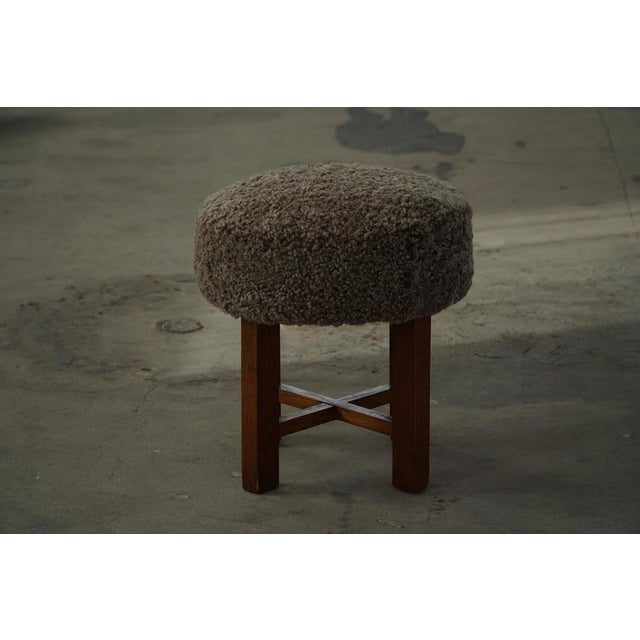 Danish Modern Oak Ottoman with Shearling Lambswool Upholstery, 1960s For Sale - Image 6 of 18
